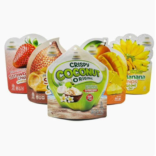 Custom-shaped stand-up pouches for candy and dried fruit; features printed graphics and UV embossing; suitable for dry food packaging.