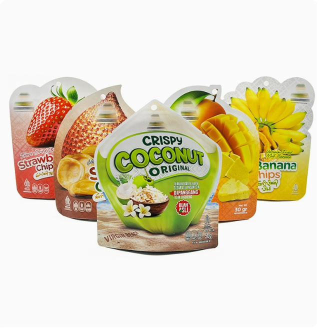 Custom-shaped stand-up pouches for candy and dried fruit; features printed graphics and UV embossing; suitable for dry food packaging.