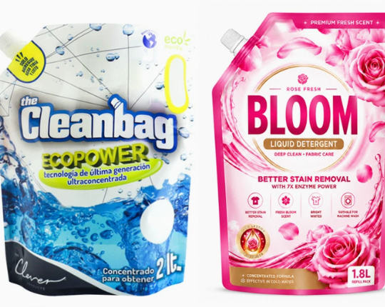 Custom-printed stand-up spout pouch for liquid laundry detergent and household care products.