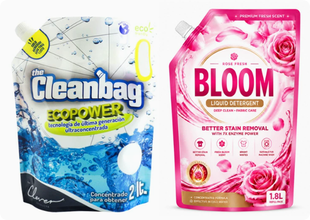 Custom-printed stand-up spout pouch for liquid laundry detergent and household care products.